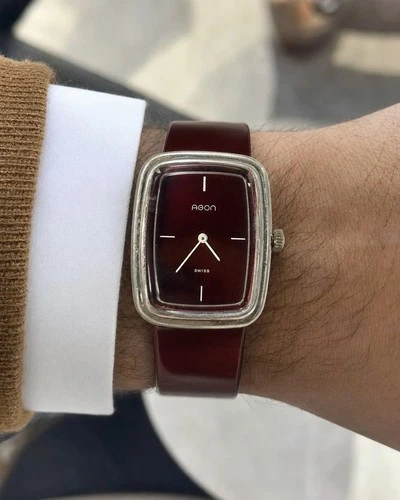 Vintage 1970s Agon Swiss Burgundy Dial TV Case Manual Wind Watch 31x37mm Tank image 2