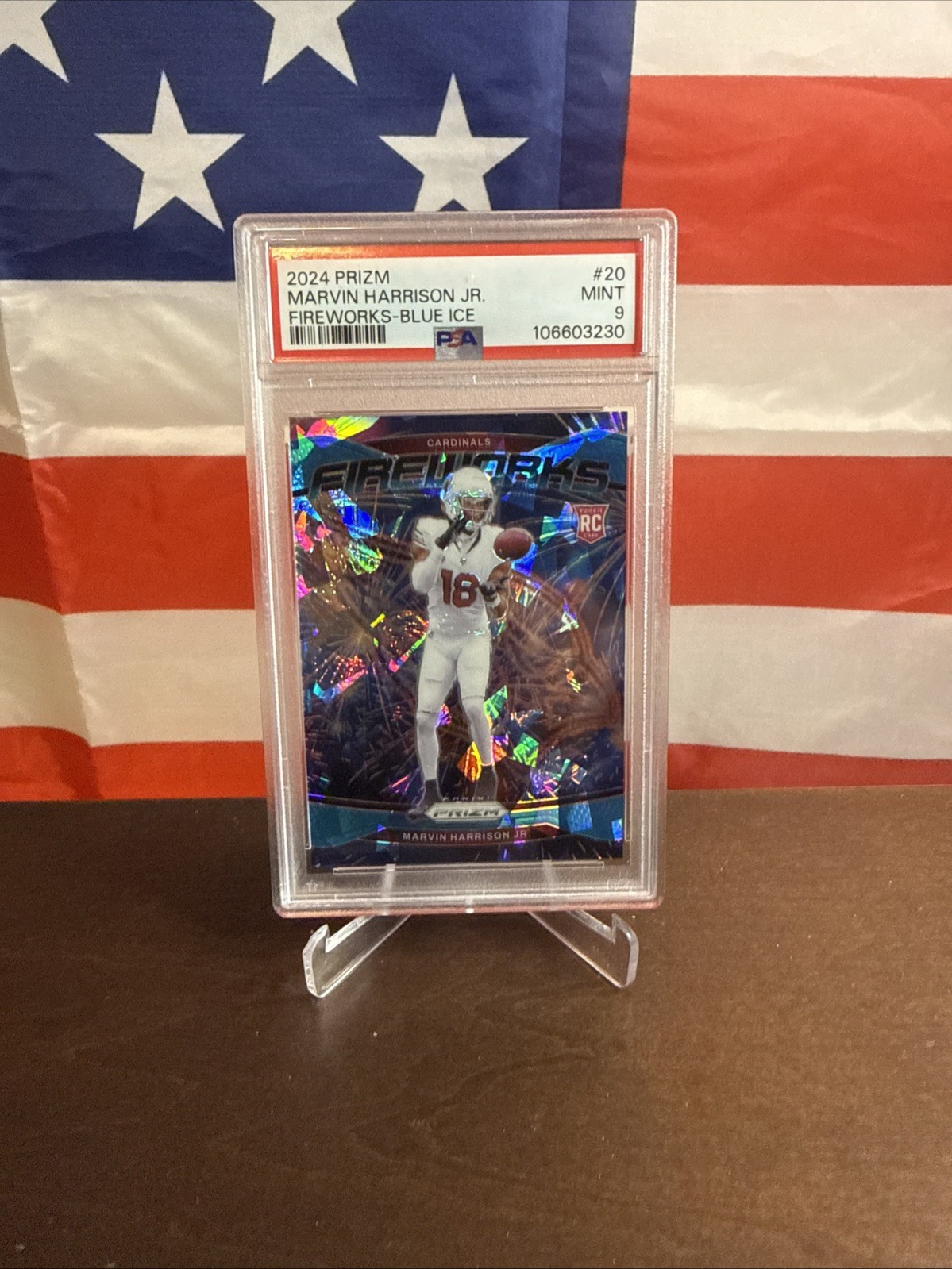 2024 PANINI PRIZM FIREWORKS #20 MARVIN HARRISON JR. FIREWORKS-BLUE ICE /99 PSA 9