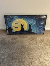 Starry Night Black Cats & Bats Canvas,Framed Wall Art.