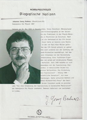 Nobelpreisträger Johannes Georg Bednorz, orig sign Biografische Notizen