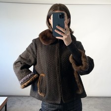 Andrew GN Uk 12 Vintage Brown Wool Mink Collar Tweed Crop Jacket Gemstone Trim