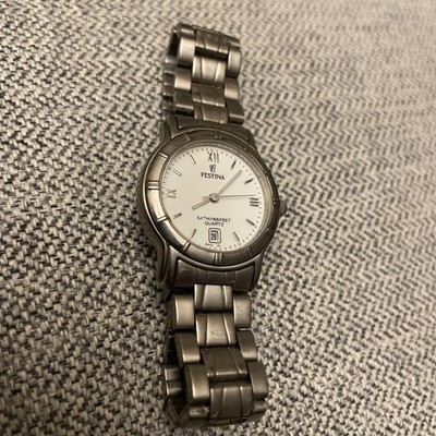 Festina Quartz Watch Women 165 Ft 5 ATM Titanium Bezel Band Date Time Excellent