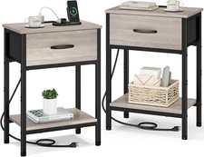 Vagusicc Nightstand Set of 2 with Charging Station, Bed Side Greige (2 Pack) 