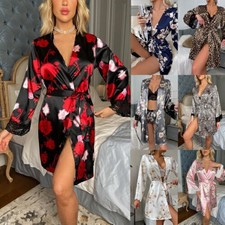 Womens Lace Satin Silk Lingerie Robe Kimono Dressing Gown Nightwear Bathrobe