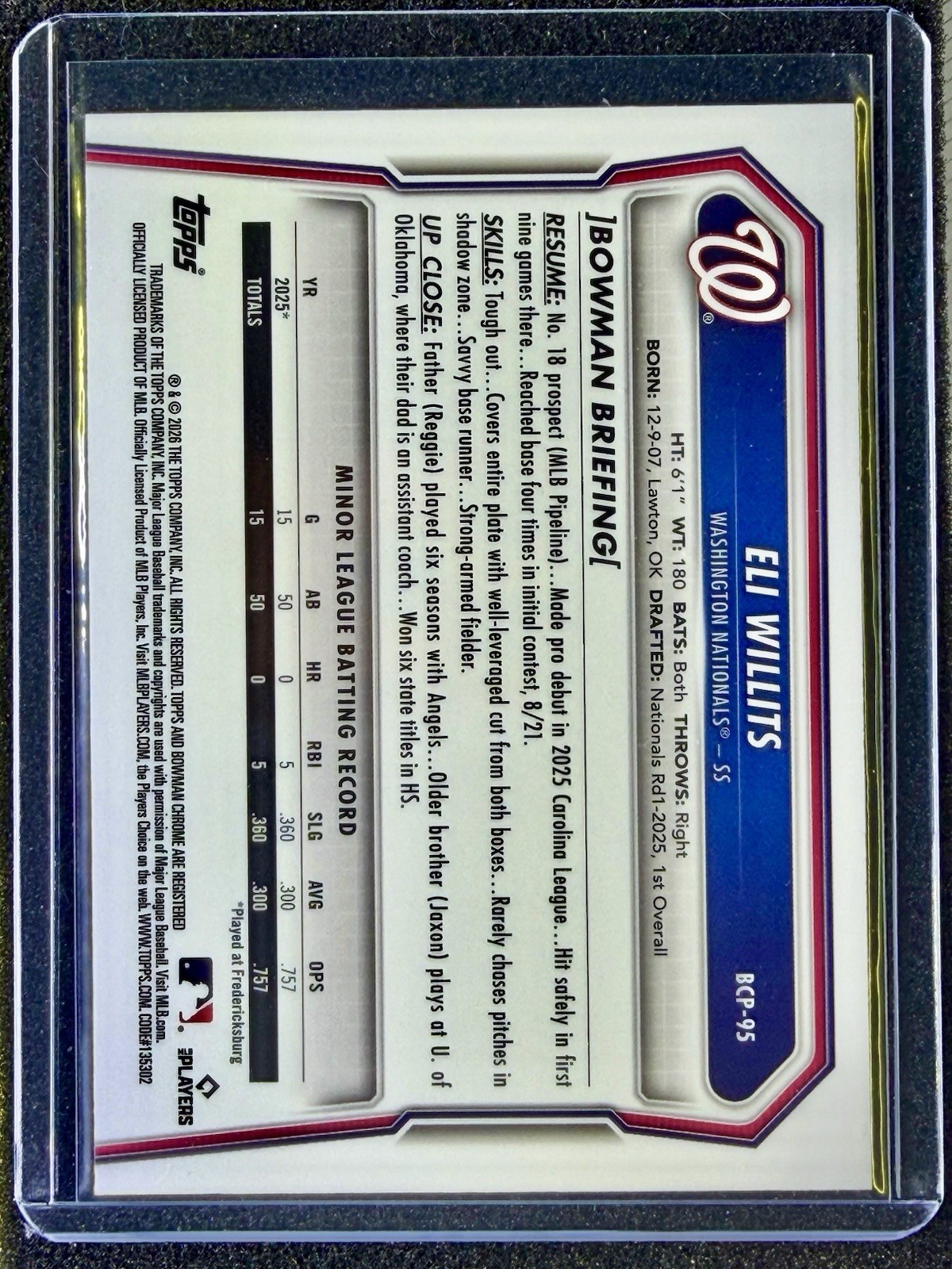 2026 Bowman ELI WILLITS Chrome Wave Refractor Prospect RC Rookie /350 view 2