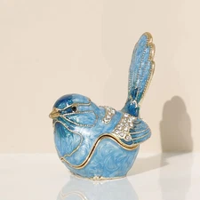 Exquisite Hand - Painted Enamel Blue Bird Trinket Box Hinged Rhinestone - Adorne