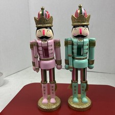2 12  Nutcrackers Matching Soldiers Pink  Green Rhinestones Crown Gold Glitter