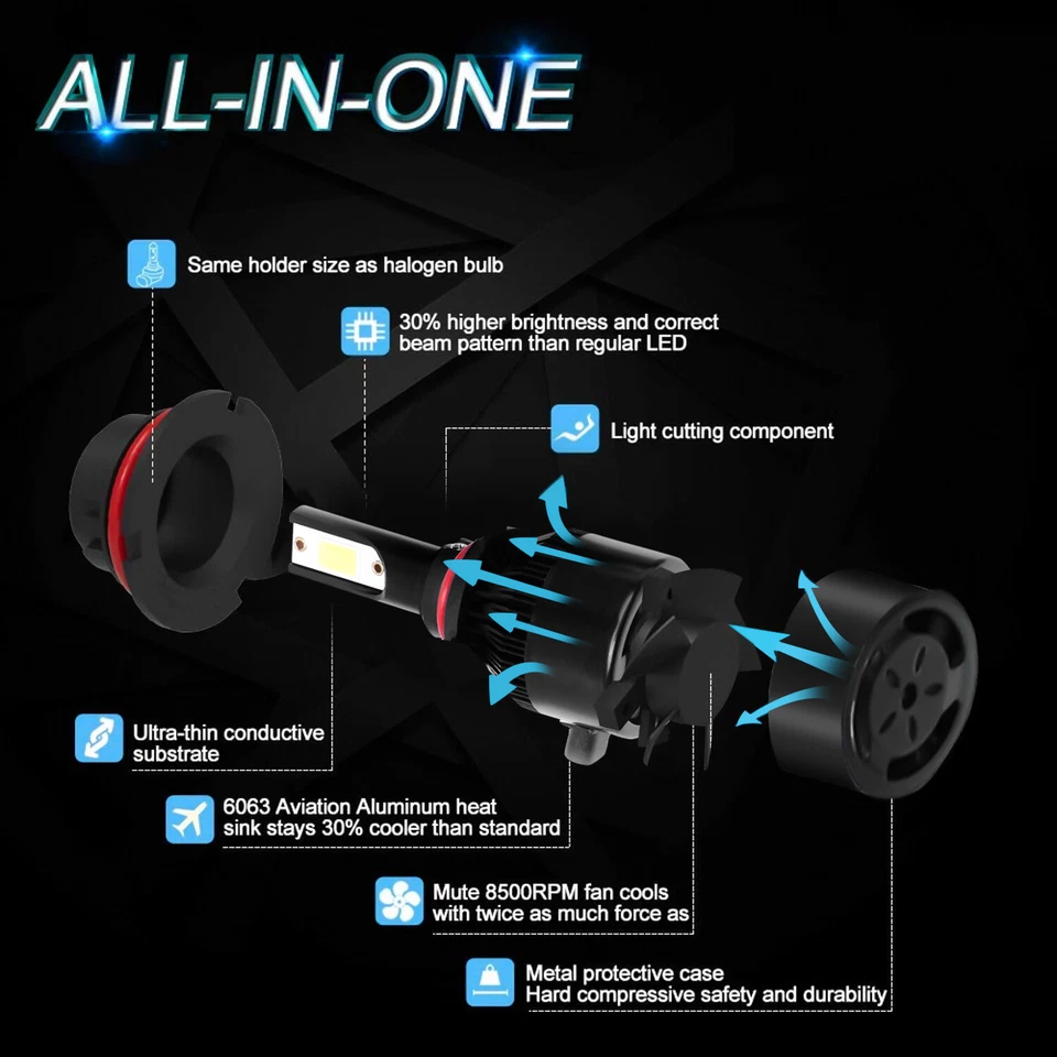 8000K For Chevrolet Cobalt 2005-2010 LED Headlight + Fog Light Bulbs 9007+H11 - Image 4 of 4