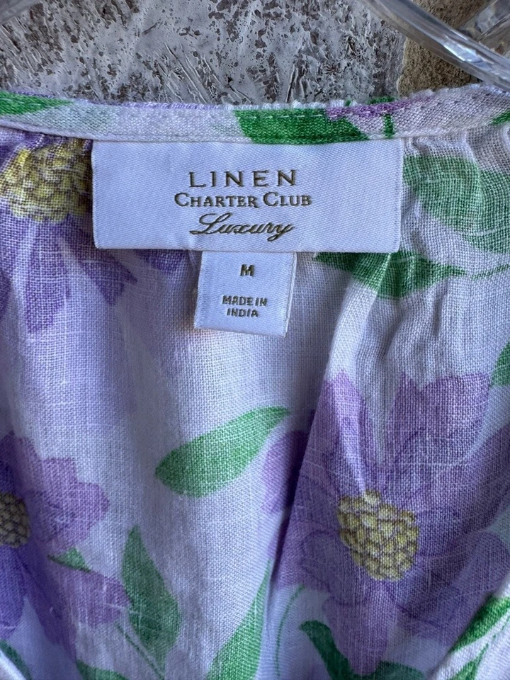 Blusa para mujer Charter Club manga corta 100 % lino floral cuello en V talla M. Foto 3 de 4
