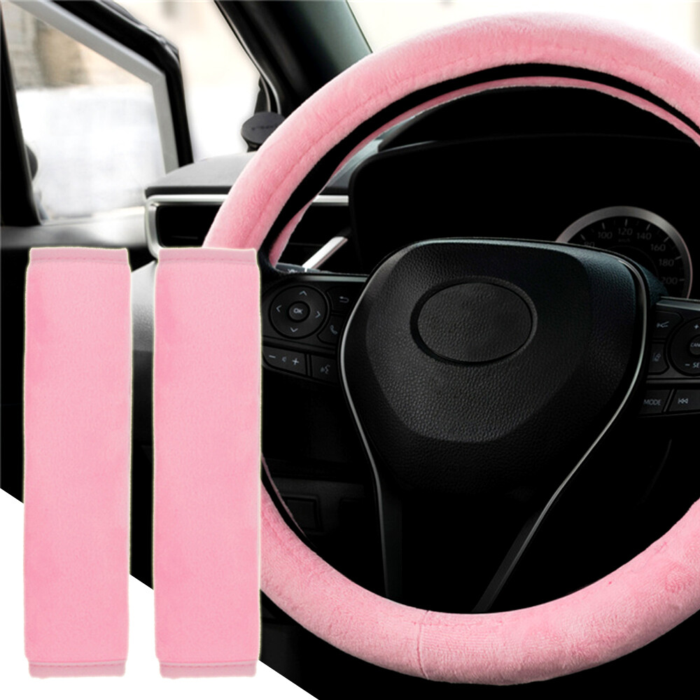 PINK Fuzzy Car Steering Wheel Cover + Seat Belt Pads Shoulder Women Plush Girl