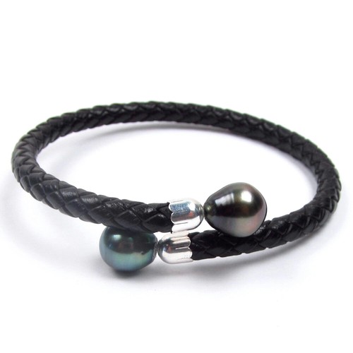 7.5" 9-10mm Tahitian Black Pearl 5mm Leather Flex Bangle Bracelet - Picture 4 of 8
