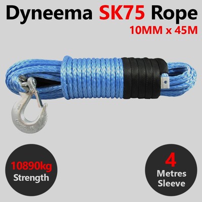 10MM X 45M Dyneema SK75 Winch Rope Hook Synthetic Recovery Offroad Cable 4x4 4wd