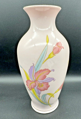 VTG 1980's Takano Pink Porcelain Daffodil Floral Vase Gold Trim, Japan, 10'' tall