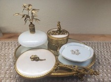 Vtg 5pg Globe 24k Vanity Set Mirror Tray Perfume Trinket Hand Mirror Irice Italy