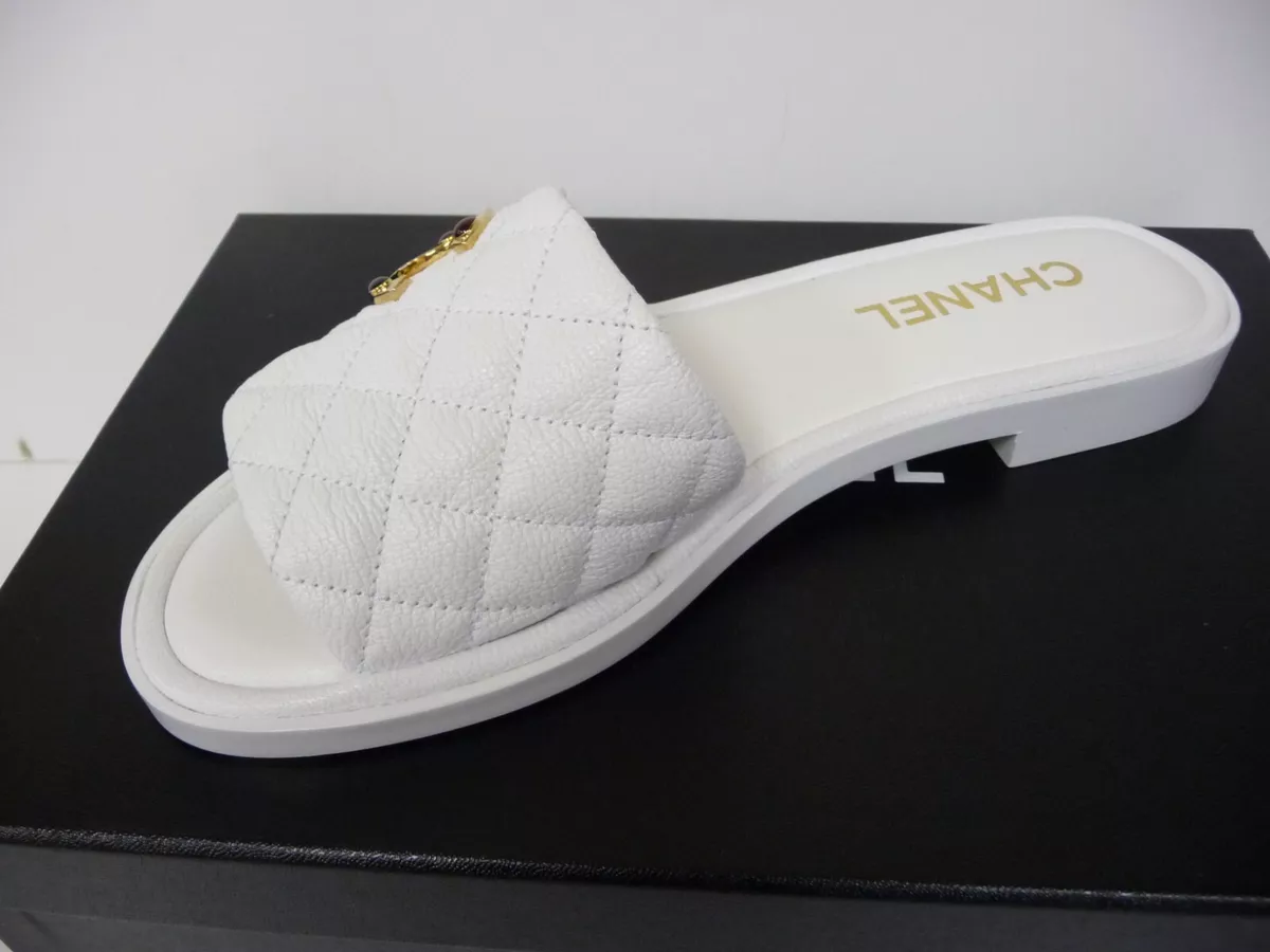 Chanel 22S G38794 White Shiny Leather Gold Logo Mules 38 EUR size