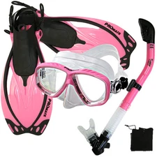 Snorkeling Dive Gear Silicone Mask 100% Dry Snorkel Open Heel Travel Fins Sets