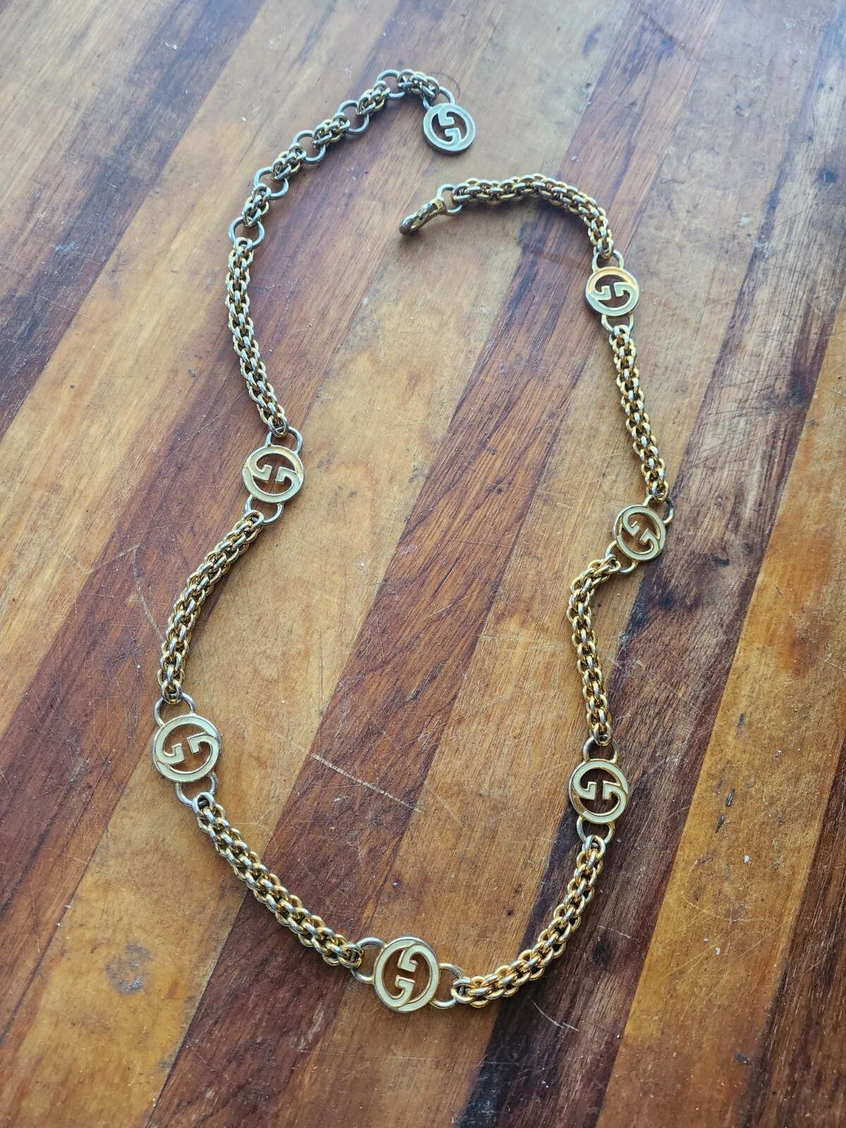 RARE 1970 GUCCI GG Collier Chaîne AUTHENTIQUE Vintage Or Argent Monogramme Collier 36