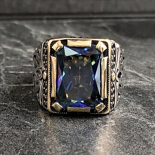 Men Silver Square Tanzanite Gemstone Ring, 925K Silver Rainbow Color Stone Ring - Picture 2 of 8