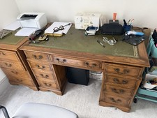 Mellowcraft Solid Oak Pedestal Desk And Filing Cabinet with Green Leather Top