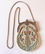 Vintage Micro Beaded Purse Ornate Silver Filigree Frame Chain Strap Christiana