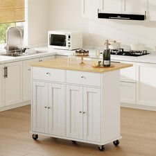 Rolling Kitchen Island with Drop Leaf  Storage, White Bar Cart