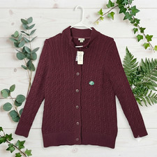NWT LL Bean Sweater M Petite Fisherman Cardigan Button Cable Knit Heavy Wine Red