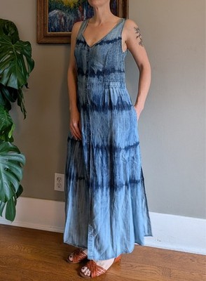Y2K 90's Denim Maxi Dress Jumper Modest Smocked Tie Dye Chambray Mature  Teacher | eBay