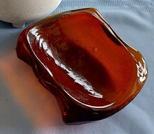 Blenko Free Form Chunky, Heavy, Rich Amber Brown Glass Sculpture Dish