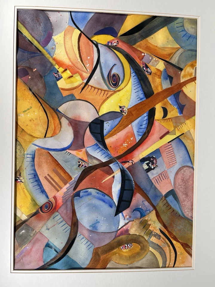 Pintura collage acuarela abstracta grande 40x32 arte moderno de mediados de siglo Foto 4 de 4