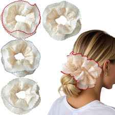 4 Pack Puffy Lace Scrunchies for Women Girls Cream White Ruffle Hair Ties