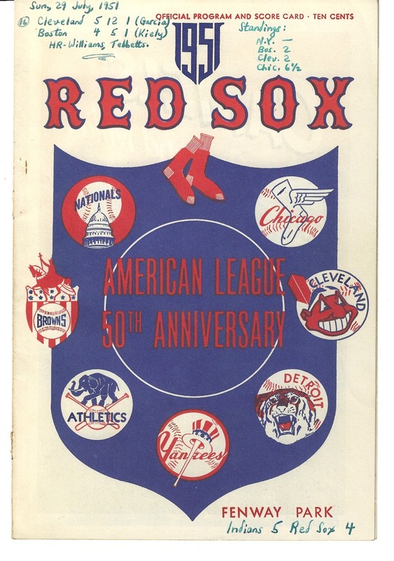JULY 29, 1951 PROGRAM-RED SOX VS TIGERS-TED WILLIAMS CAREER HOME RUN #314 OF 521