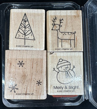 Stampin' Up MERRY AND BRIGHT 4 Wood Mounted Rubber Stamps 2007 Christmas Crafts