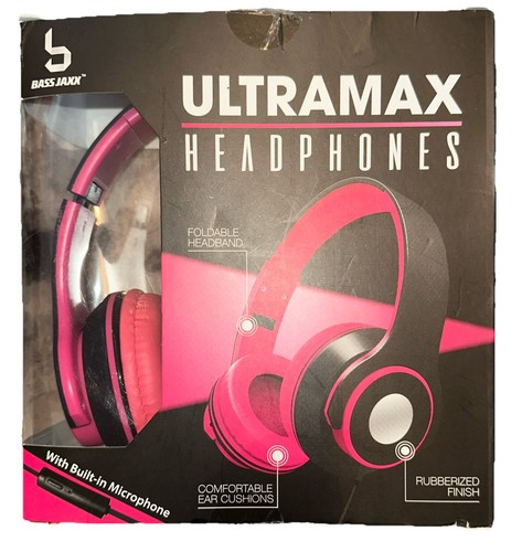 Ultramax Headphones Bass Jaxx Built-In Microphone 3.5mm 40mm Pink/Black NEW - Picture 1 of 4