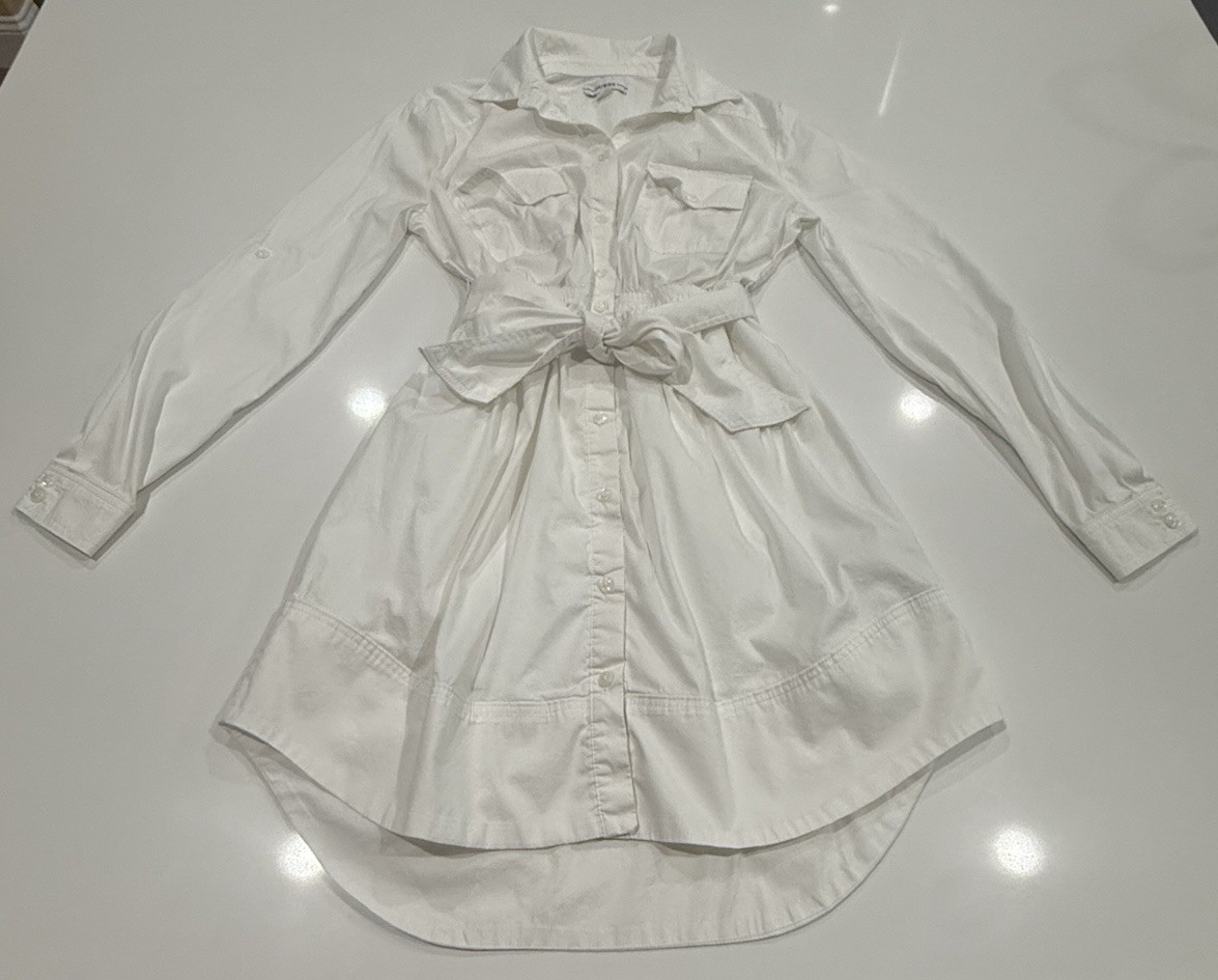 GUESS White Shirt Dress XS Long Sleeve Tie Waist Button Front High Low Hem