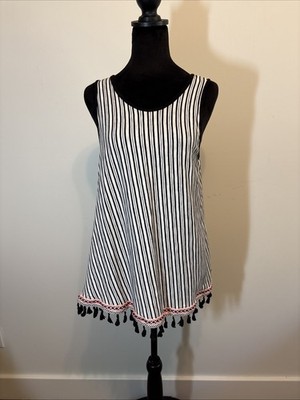 Anthropologie W5 Women Tank  Top XL Stripe Tassel Fringe White/Black Festival