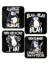 Psycho Pinguin Untersetzer Set Allergisch gegen Menschen 4 St&uuml;ck Schwarz 9,2x9,2cm