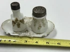 Vintage Art Deco White Milk Glass Salt And Pepper Shakers with Tray