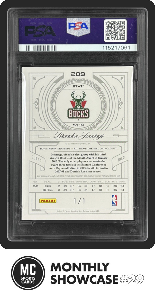 BRANDON JENNINGS PSA 7 2009 NATIONAL TREASURES 209 ROOKIE LOGOMAN PATCH AUTO 1/1 view 2
