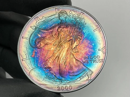 2000 American Silver Eagle 1oz MONSTER Bullseye 🎯 🌈 Toning Toned Toner Rainbow
