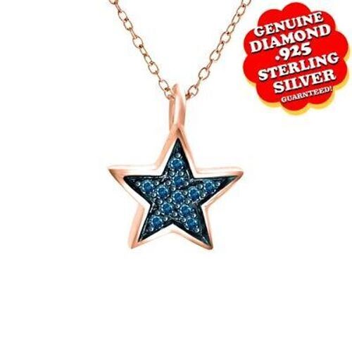 Blue Natural Diamond Star Pendant Necklace 14K Rose Gold Plated