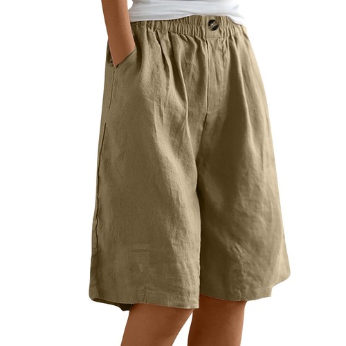 Womens Solid Color Pants Pocket Button Up Capris Loose Elastic Waist Shorts - Picture 26 of 51