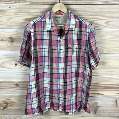 Tommy Bahama Shirt Mens Large Ivory Pink Linen Plaid Island Zone Fit