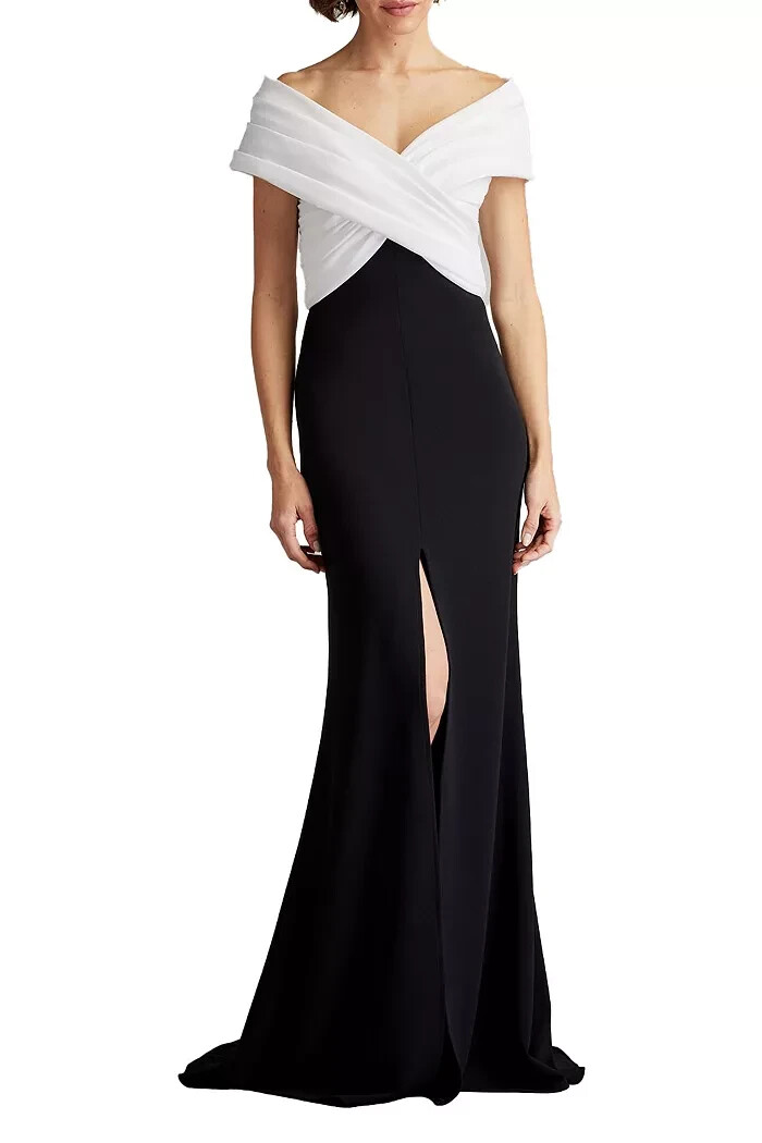 Tadashi Shoji Black Ivory Portrait Neck Taffeta Gown Size Medium