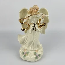 VTG Sankyo Angel Violin Music Box Figurine 8.75” Porcelain Gold Trim Floral