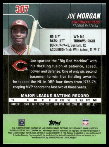 2022 Stadium Club Chrome #307 Joe Morgan Cincinnati Reds Baseball - Picture 2 of 2