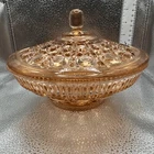 Vintage Indiana Glass Windsor Button Design Cane Pink Glass Candy Dish with Lid