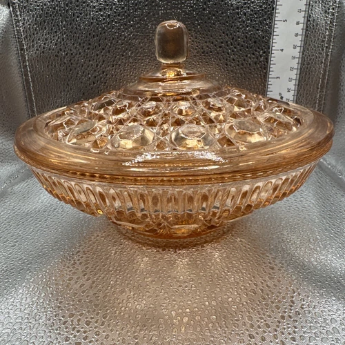 Vintage Indiana Glass Windsor Button Design Cane Pink Glass Candy Dish with Lid