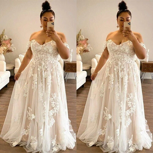 Plus Size White/Ivory Wedding Dresses Off Shoulder Applique Tulle Bridal Gowns - Picture 2 of 5