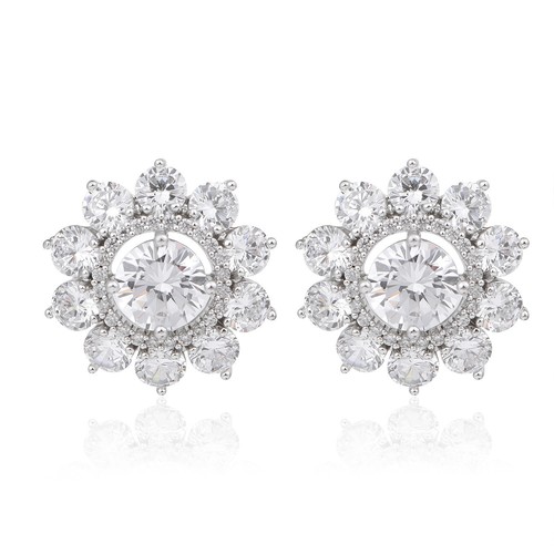 Flower Round Clear CZ Halo Crystal Earrings Studs Rhodium Plated Pierced W282 - Picture 2 of 6