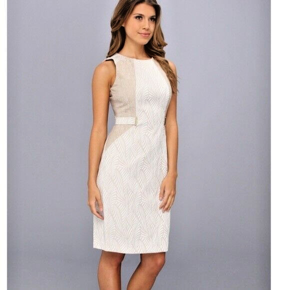 CALVIN KLEIN Pencil Dress Tan Linen White Leaf Pattern Women's Size Medium